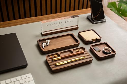 MUUJEE Wooden Desk Organization 5 Piece Set with Name Block - Personalized Acrylic Name Plaque with Wood Base and Desk Accessories Work Professional Office Gift Teacher Dad Organizer - Image 4