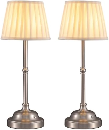 KDG Nickel Cordless LED Table Lamps Set of 2, Green Fabric Shade Desk Lamps by KDG