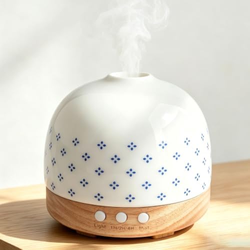 300ml Essential Ceramic Diffuser,Round Aroma Luruxy Porcelain Diffuser Night Light Captivating Exquisite Blue and White Patterned Elegance Nano Water Mist Humidifier by Slmiracle