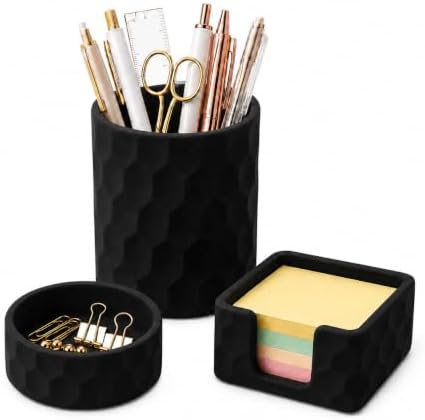 Aesthetic Geometric Silicone Desk Organizer Set of 3,Modern Office Desk Accessories with Round Pen Holder,Paperclip Tray,Sticky Note Holder,Stylish Functional Desk Decor for Home Office(Black) by minimaliving