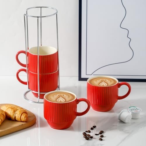 Hasense 12 Oz Coffee Mugs Set of 4 with Rack, Red Stackable Coffee Cups Ceramic, Modern Ribbed Latte Cup Sets for Cappuccino, Tea, Espresso, Hot Cocoa, Drinks - Dishwasher & Microwave Safe - Image 2