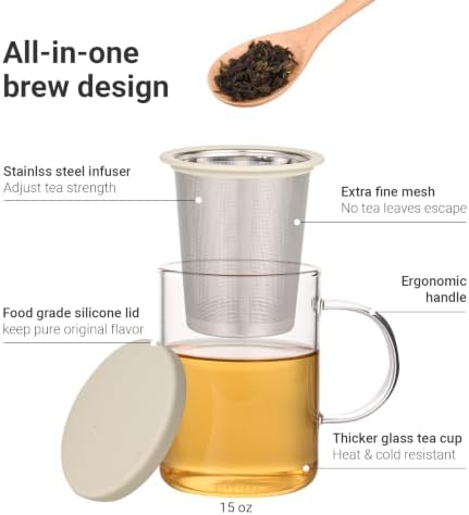 emoi 15 oz Glass Tea Cup with Infuser & Lid, Ideal for Loose Leaf Tea, Gray - Image 2