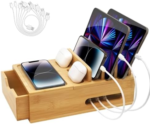 Bamboo Charging Station for Multiple Devices, Desktop Wood Charger Organizer with Drawer & Tray -Included 6 Cables, Compatible with Multi Devices, Cell Phone, Tablet, Earphones (No USB Charger) by LEOKKARR
