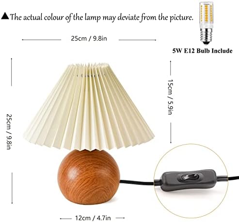 KUNJOULAM Cute Small Pleated Lamp, Modern Bedside Nightstand Light with Beige Lampshade, Wooden Pattern Metal Base Desk Lamp for Bedroom, Home Office, Living Room - Image 3