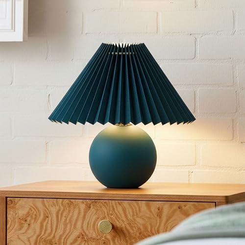 Brightech Serena LED Table Lamp - Small 10" Modern Ceramic Lamp with Pleated Shade for Bedside, Nightstand, Desk - Mini Night Light with Cozy Soft White Light for Living Room, Bedroom - Teal by Brightech