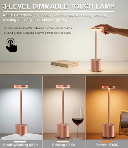 Cordless Table Lamps Rechargeable Set of 2, Portable LED Desk Lamp, 5000mAh Battery Powered Wireless Table Light - 3 Color Dimmable Lighting for Restaurant Dining Patio Outdoor Bedroom(Rose Gold) - Image 3
