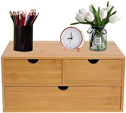 Bamboo Desk Organizer, Wood Desktop Storage Box for Office Supplies, Cosmetics, Stationery, No Assembly Desktop Organizers and Accessories for Home, Office, Study Table (3 Drawers-B) by Kreiaoer