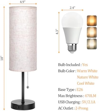 Dott Arts 18" Table Lamp for Bedroom, 3-Color Bedside Lamps with Pull Chain - Image 3