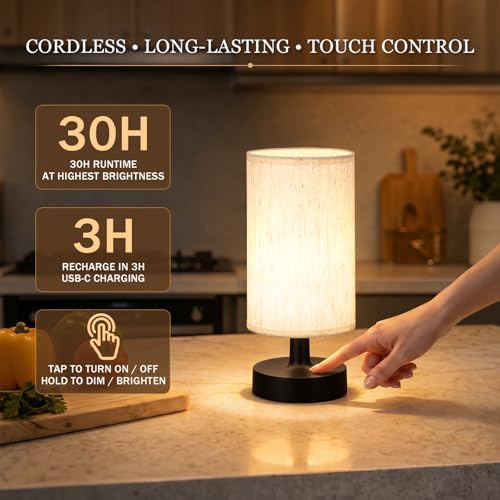 Kakanuo Cordless Table Lamp Rechargeable Small - 2 Pack Beige Black, 4000mAh Battery Operated Lamp with Touch Control Stepless Dimming, Wireless Lamp for Bedside, Nightstand, Bedroom, Living Room - Image 2