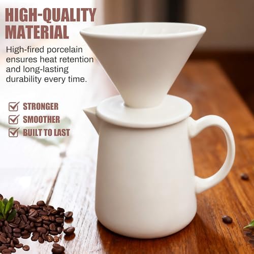 Ceramic Pour Over Coffee Maker Dripper - Uses Standard #2 & #4 Paper Filters, 450ml/15oz, White, Barista Style for Home & Office - Image 5