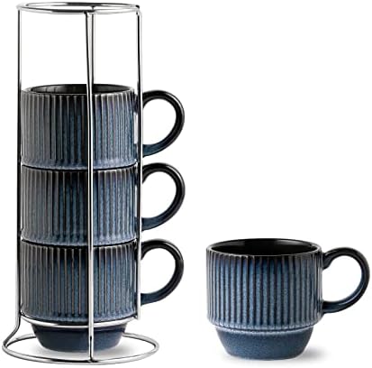 Hasense Navy Coffee Mugs Porcelain Set of 4 with Rack - 12 oz Stackable Coffee Cups Ceramic, Modern Ribbed Latte Cup Sets for Cappuccino, Tea, Espresso, Hot Cocoa, Drinks - Dishwasher & Microwave Safe by Hasense