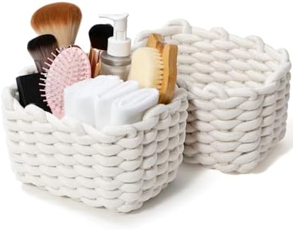 Small Cotton Rope Basket 2 Pack, White Shelf Storage Bins for Desk Vanity by AmorousCat