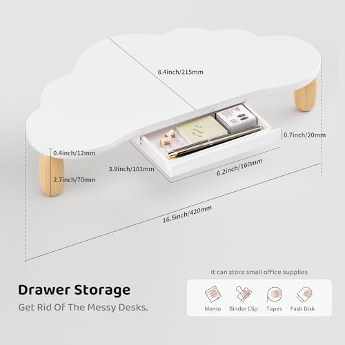 AFOOYO Monitor Stand Riser,Cloud-Shaped Sturdy Wood 16.5In Computer Monitor Riser Wirh Drawer, Multi-Purpose Desktop Organizer Riser for Computer,Laptop,Printer,TV,White - Image 6