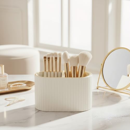 KINGFOM PU Leather Desk Organizer Pen Holder – Dual-Compartment Stylish Pencil Cup Remote Control Holder Desktop Supplies and Accessories Organizer Caddy for Office Home School (Light Beige) - Image 3
