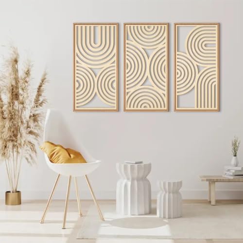 IARTTOP Large Boho Wood Wall Art Set of 3 Framed Wooden Mid-Century Modern Wall Decor Minimalist Modern Abstract Geometric Decor for Living Room Bedroom Office-16x32 Inch - Image 6