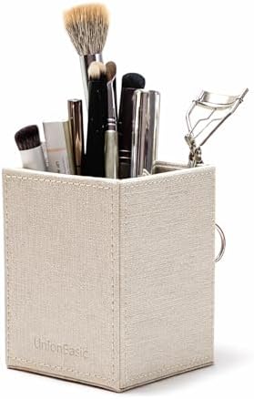 UnionBasic Square Pen Holder, Leather Pencil Cup, Desktop Caddy Stationery Organizer, Beige by UnionBasic