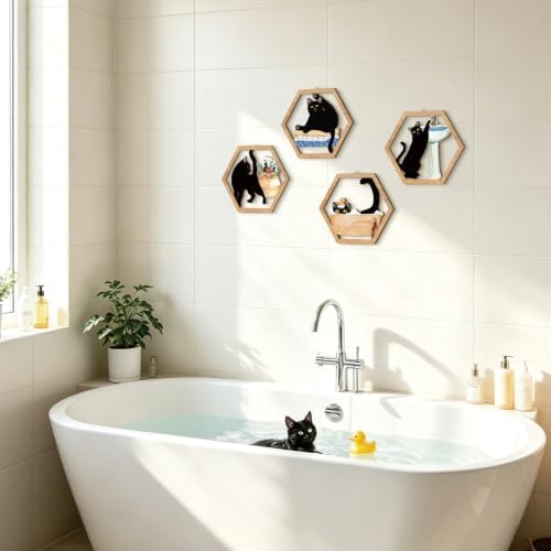 HPNIUB Funny Bathrooms Wall Decor, Black Cats In the Bath Wood Sign, 4 Pieces Farmhouse Wooden Hanging Sign for Toilet Powder Room Restroom Wall Decoration, Lovely Cat Gifts(11''x9.8'') - Image 3
