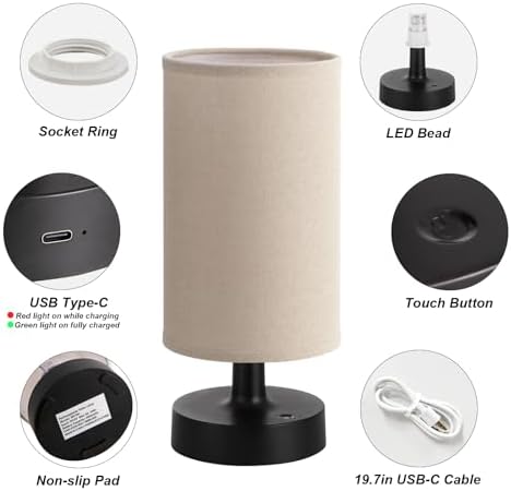 Kakanuo Cordless Table Lamp Rechargeable Small - 1 Pack Linen Black, 4000mAh Battery Operated Lamp with Touch Control Stepless Dimming, Wireless Lamp for Bedside, Nightstand, Bedroom, Living Room - Image 6