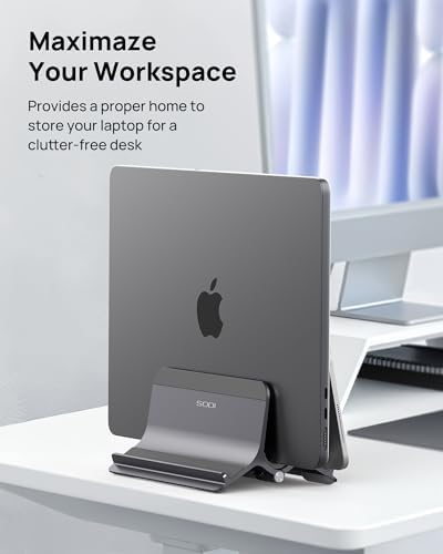 SODI Vertical Laptop Stand for Desk, Aluminum Laptop Holder Compatible with MacBook Pro, MacBook Air Stand Up to 17 inch, Gravity Auto-Lock Cooling, 3in1 Space Saving Desk Organizer Accessories, Gray - Image 2