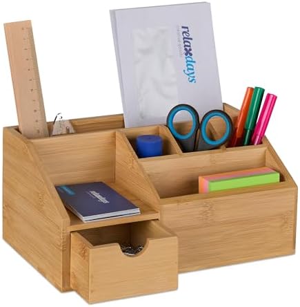 Relaxdays Desk Organiser with Drawer, 6 Compartments, Natural by Relaxdays
