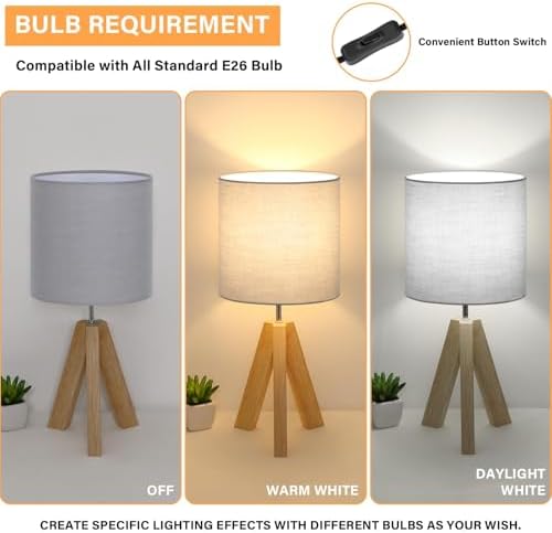 Brightever Small Bedside Table Lamp, Wooden Tripod Modern Table Lamp with Grey Linen Fabric Shade, Farmhouse Nightstand Lamp for Living Room, Bedroom, Home, Nursery, Office - Image 2