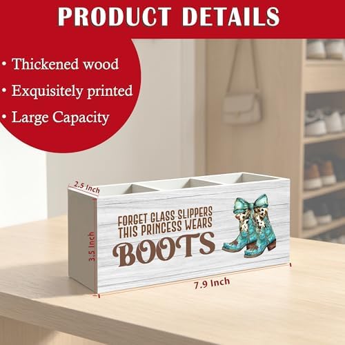 Coquette Turquoise Cow Bow Western Cowgirl Makeup Brush Toothbrush Holder for Girls Bathroom Room Dorm, Cowgirl Cowboy Gifts Wood Signs Pen Pencil Holder Organizer Office Desk Accessories - Image 6