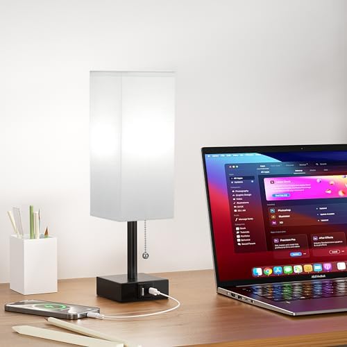 White Bedside Table Lamp for Bedroom - Desk Lamp For Nightstand, USB C+A - Image 7