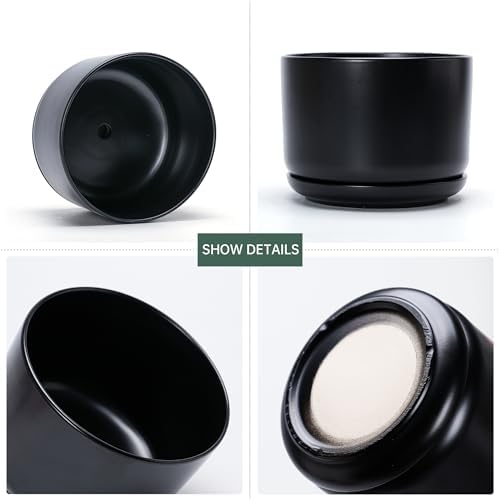 Flower Pots,Ceramic Pots with Drainage Holes & Saucer Set of 3(Matte Black) - Image 2