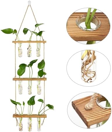 Hyindoor Wall Hanging Propagation Stations 3 Tired Wall Planter Terrarium with Wooden Stand and Glass Test Tubes Plant Hanger Flower Vase for Home Office Wall Decor Hydroponic Cuttings - Image 4