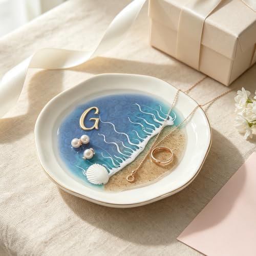 Decorative Trinket Dish, Ocean Resin Beach Jewelry Tray, Ceramic Ring Dish with Gold Edge, Small Coastal Jewelry Holder for Vanity, Home Decor Gift for Women (G) by Unknown