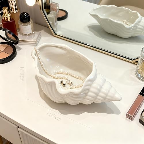 Conch Shape Ceramic Jewelry Tray, White Shell Trinket Dish, Ocean Themed Ring Earring Holder, Decorative Organizer for Rings, Earrings, Necklaces, Bracelets, Coastal Beach Home Decor (White Conch) - Image 2