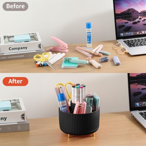 Desk Pencil Pen Holder, 5 Slots 360°Degree Rotating Pen Organizers for Desk, Desktop Storage Stationery Supplies Organizer, Cute Pencil Cup Pot for Office, School, Home, Art Supply, Black - Image 4