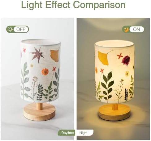 Pressed Flowers Table Lamp 5W LED 3Color Temperatures Dried Flower Bedside Lamp Linen Shade with Wood Base for Bedroom Living Room Desk Office - Image 3
