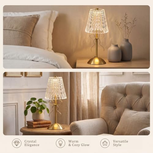 Liliful 2 Pcs Cordless Table Lamp LED Touch, Gold, Classic Style Bow - Image 6