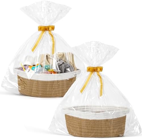 2 Pack Small Woven Basket with Gift Bags and Ribbons, Empty Decorative Gift Chest Box, Cute Baby Gift Basket for Nursery, Cotton Rope Room Shelf Storage Basket wi Handles, All 12"x 8"x 5",Yellow by MakeLifeBetterEasier