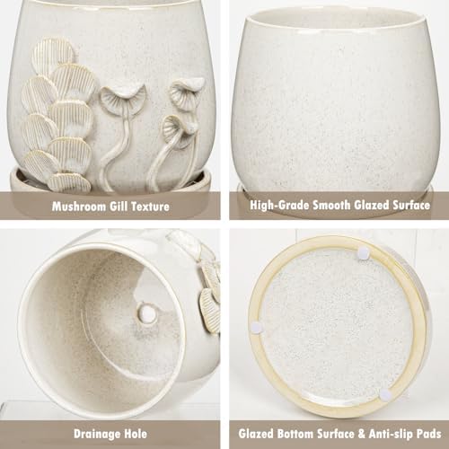 6 Inch Ceramic Plant Pot with Mushroom Gill Pattern Texture, Ivory White - Image 3