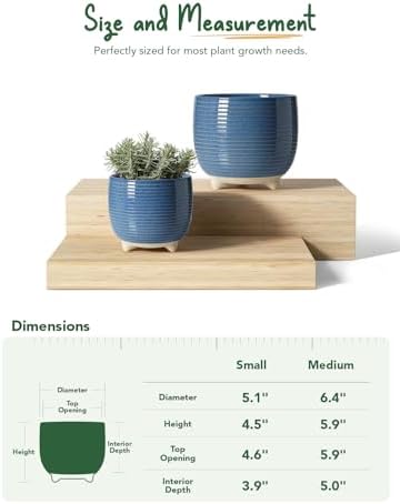 LE TAUCI Ceramic Plant Pots, 5.1 + 6.4 Inch Footed Pots for Plants, Modern Flower Pots for Home and Office, Indoor Planters with Drainage, Reactive Glaze Blue - Image 5