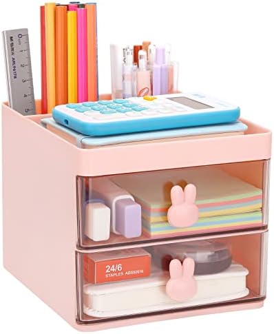 LETURE Small Desk Organizer With Drawer, Office Desktop Storage Box, Business Card/Pen/Pencil/Mobile Phone/Stationery Holder Storage Box, Makeup Organizer for Office School Home (Pink) by LETURE