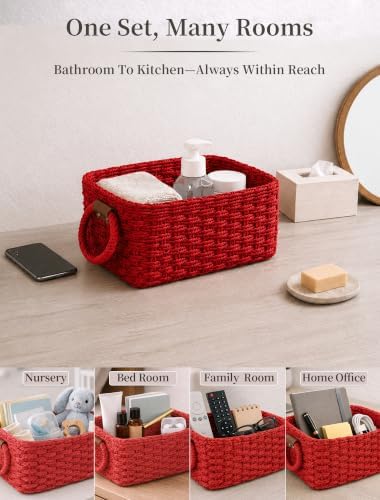Small Wicker Baskets, 3 PCS Paper Rope Baskets for Shelves, Red - Image 6