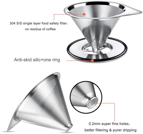 LHS Pour Over Coffee Dripper Stainless Steel Coffee Filter Metal Cone Filter Paperless Reusable Coffee Filter Single Cup Coffee Maker 1-2 Cup With Non-slip Cup Stand and Cleaning Brush - Image 2