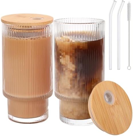 Glass Cups with Bamboo Lids and Straws - 16 oz Reusable by AiMQnLe
