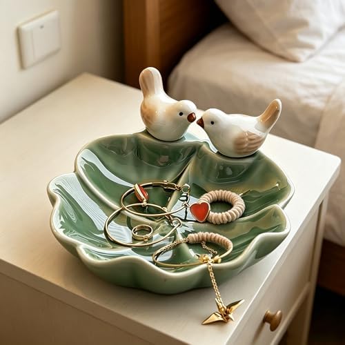 Ceramic Jewelry Tray Trinket Dish, Cute Bird & Lotus Leaf Design, Ring Holder, Seasoning Condiment Dish, Aesthetic Vanity Desk Decor for Bedroom Bathroom (green) - Image 4