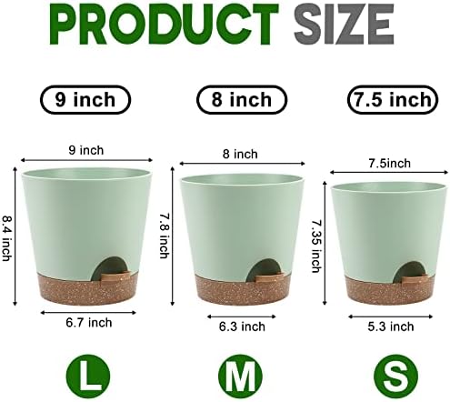 YNNICO Indoor Self Watering Planters with Drainage Holes and Saucers, 9,8, 7.5 Inches, Green, 3 Pots (Springgreen) - Image 2