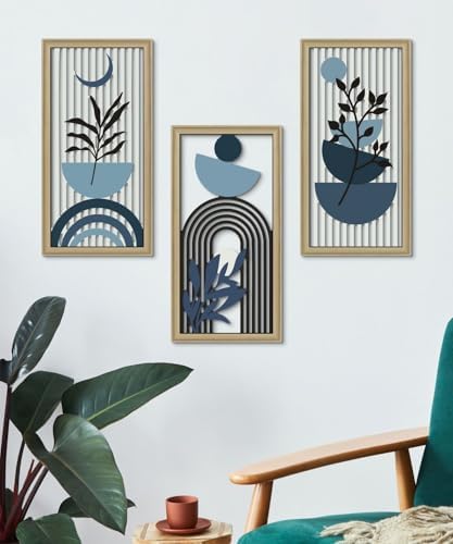 Putuo Decor Boho Abstract Wall Art, Set of 3, Modern Botanical Wooden Wall Decor, Blue Mid-Century Minimalist Framed Artwork for Living Room Bedroom, Office - Image 5
