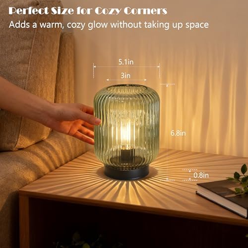 LUSHARBOR Battery Operated Lamp, Cordless Table Lamps for Home Decor, Battery Powered Nightlight with LED Bulb, Decorative Glass Beside Lamp for Bedroom Living Room-Green - Image 4