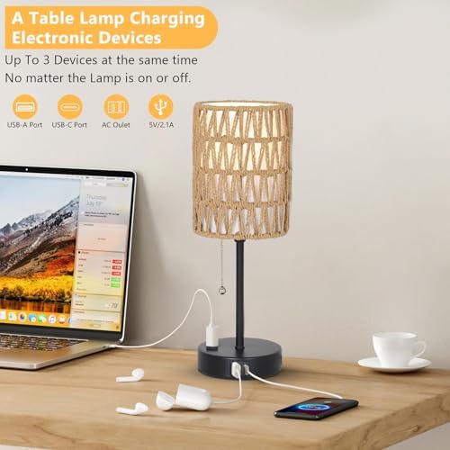 Rattan Bedside Table Lamps Set of 2 - Boho Lamps With 3 Color Temperatures & USB AC Port, Pull Chain Table Lamp For Bedroom, Cute Small Lamp For Nightstand Office Desk Bed Side End Table Living Room - Image 4