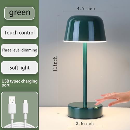 Rechargeable Table Lamp Cordless, Portable Mushroom Table Lamp with USB Port, Tri Color Dimmable Touch Lamps for Bedrooms, Nightstand, Dining Table, Living Room, Dark Green - Image 4
