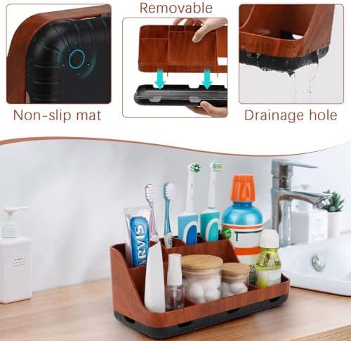 GFWARE Bathroom Decor and Accessories - Detachable 7 Slots Kids Electric Toothbrush and Toothpaste Holde for Bathroom Tray Countertop Vanity Storage, Bathroom Sink Storage Organizer, Red Wood - Image 4