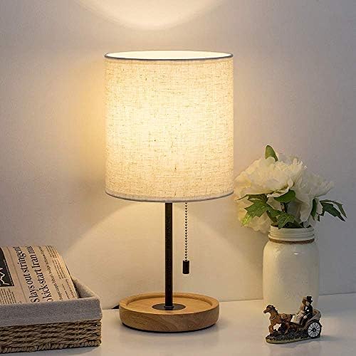 HAITRAL Bedside Table Lamp - Modern Nightstand Lamp with Linen Fabric Shade Wooden Desk Lamps for Bedrooms, Office, College Dorm, Dinning Room, Girls Room - 16 Inches (HT-AD005) by HAITRAL