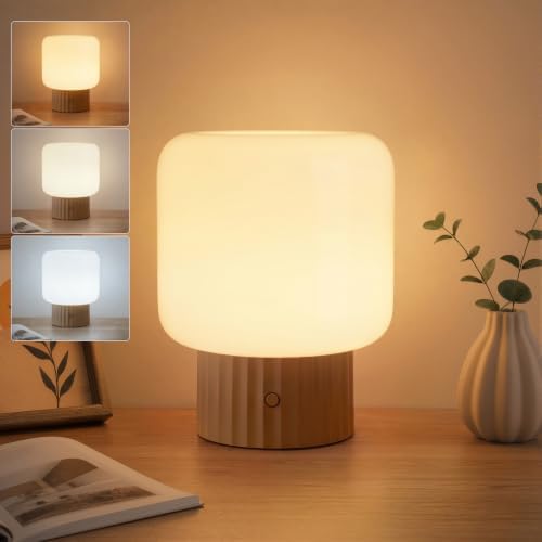 VOLISUN Mushroom Lamp, Cordless Rechargeable Table Lamp with Glass Shade, 3 Color Temperatures & Stepless Dimming, 5200mAh, Touch Control Bedside Lamps for Living Room, Bedroom, 1 Pack (Brown) by VOLISUN